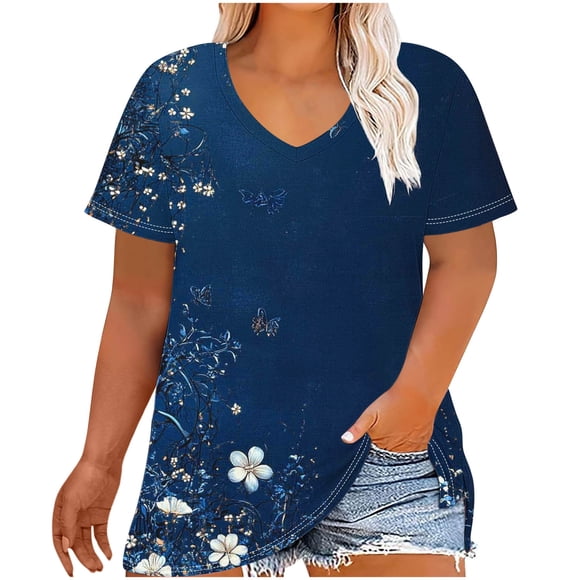 Staron Chemises d'Été pour Femmes Grande Taille à Col en V à Manches Courtes Chemises Surdimensionnées à Imprimé Floral Hauts de Printemps Été Bleu Marine 5TG