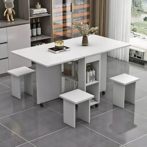Folding Drop Leaf Dining Table Set for 4 with 4 Chairs, Space Saving Foldable Dining Table with Storage and 6 Wheels, 47.2 inch D x 23.6 inch W x 30.3 inch H, White
