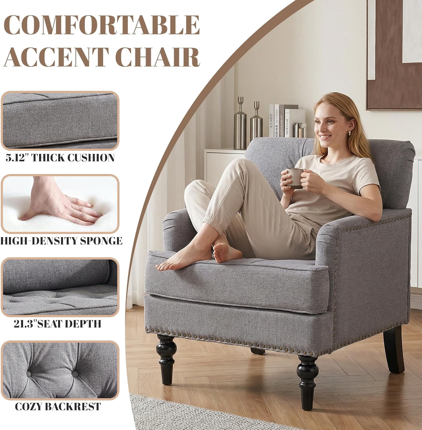MOONMISS 26.4" Wide Accent Chair,tufted Club Chair With Linen Fabric,upholstered Button Armchair For Bedroom, Living Room,Gray