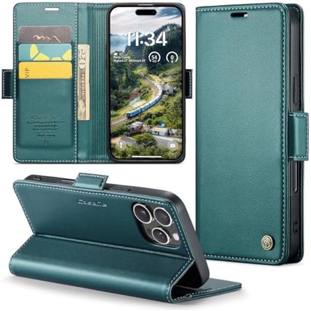 Funda tipo cartera para iPhone 16 Pro Max con tarjetero, función atril, bloqueo RFID, cierre magnético, protección a prueba de golpes, de piel sintética, con tapa tipo cartera para iPhone 16 Pro Max