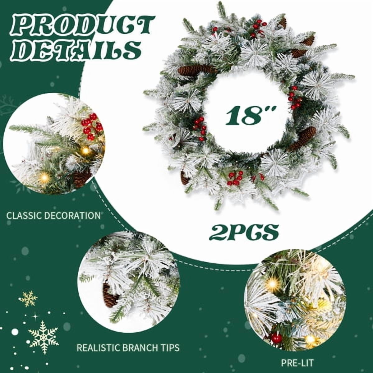 Alvantor 2-Pack 18 in Pre-Lit Snow-Flocked Christmas Wreaths with 60 Warm White LED Lights, 140 Tips, Red Berries and Pine Cones
