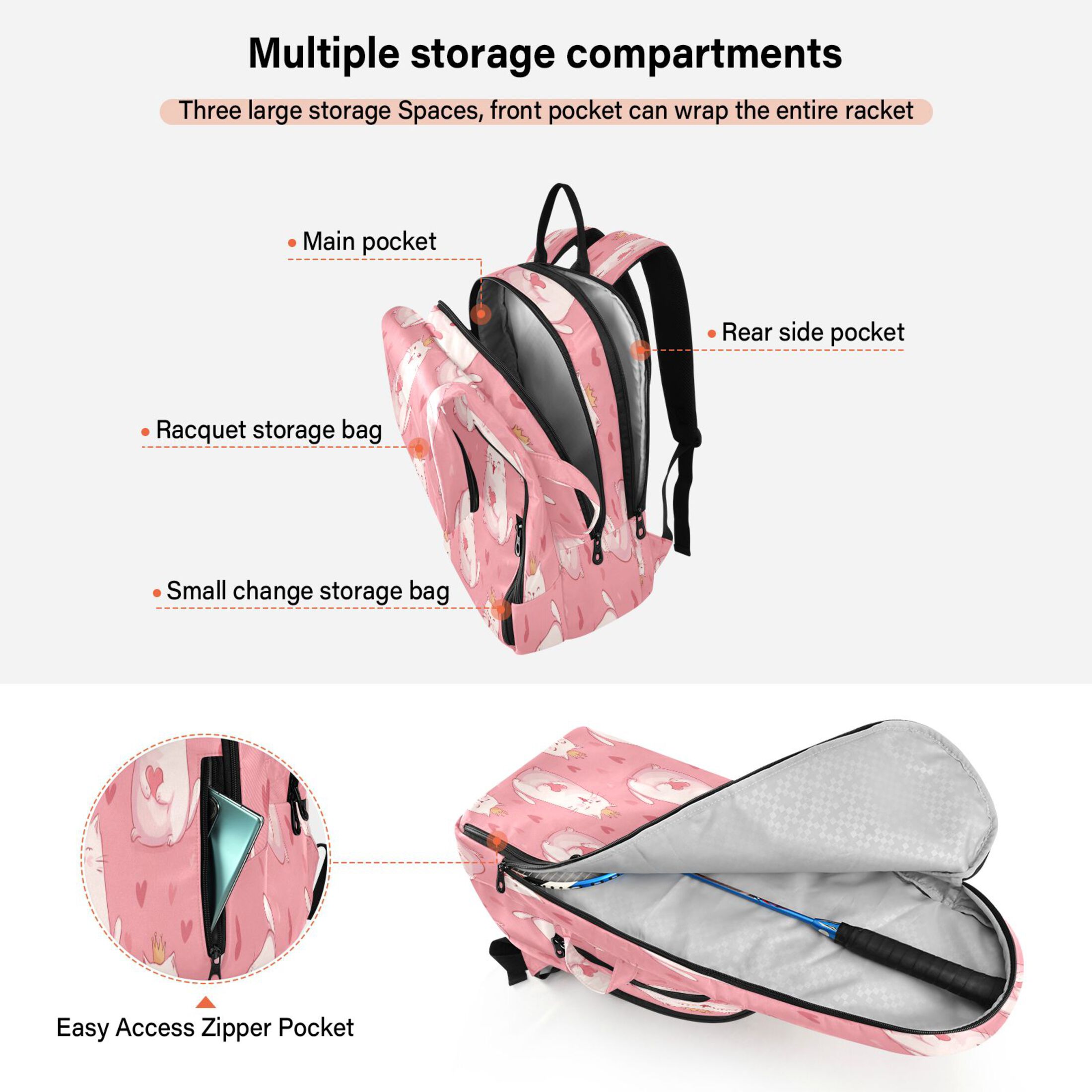 2 Racquet Holder Tennis Backpack Tennis Racket Covers Gym Bags White Fat Cat