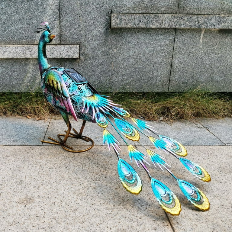 Hapeisy Peacock Garden Statues and Figurines with Solar Lights, Metal Peacock Decor Garden Decorations, Indoor and Outdoor Sculpture for Patio, Yard