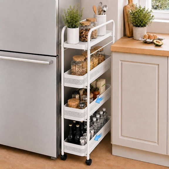 Vonieion 4 Tier Slim Storage Cart,Bathroom Organizer Rolling Utility,Mobile Shelving Unit Utility Cart for Kitchen, Bthroom,Makeup,Craft,Laundry Narrow Places,Behind The Door,White