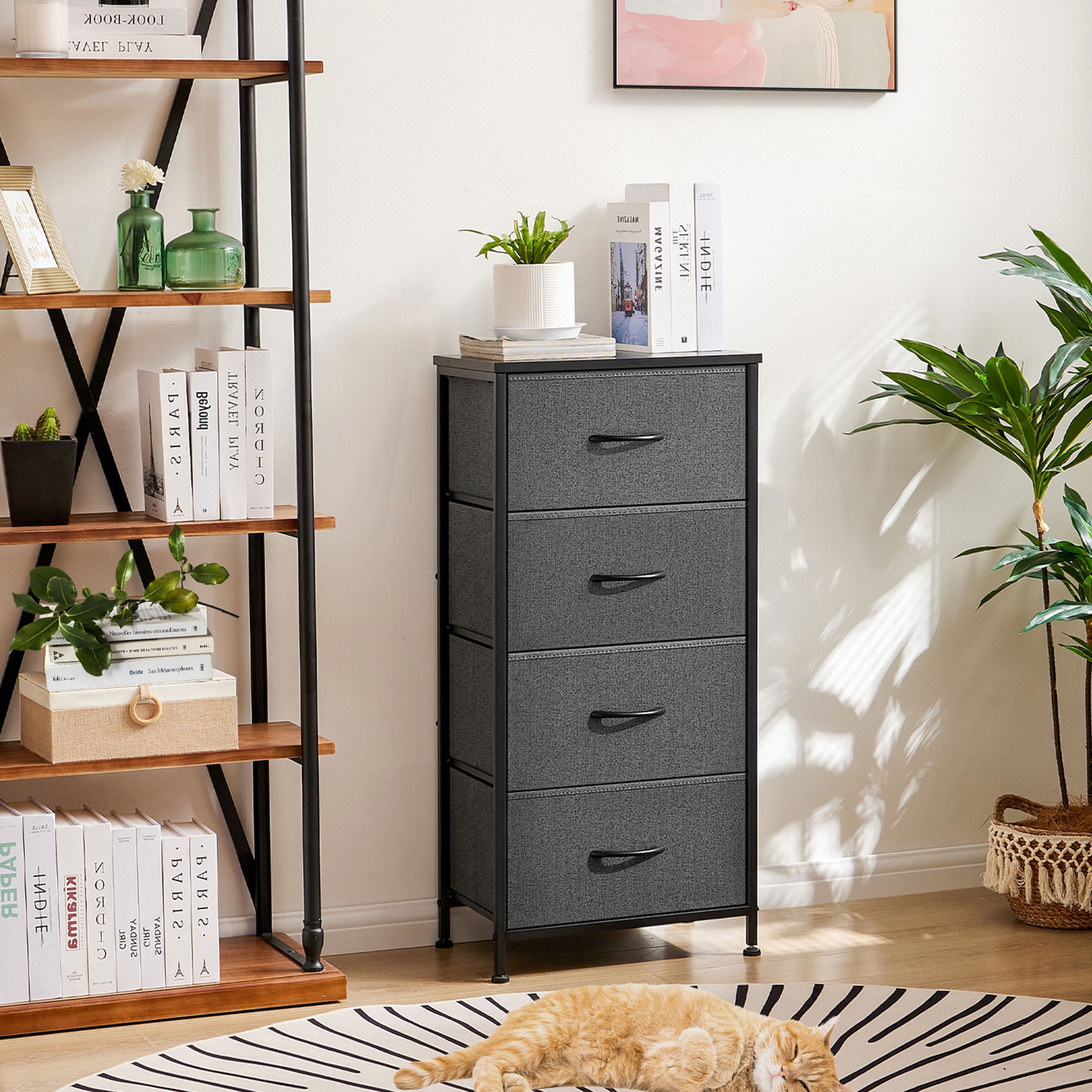 JOINSUN 4 Drawers Dresser, Storage Organizer Units for Clothing, Closet, Fabric Bins, Wood Top, Steel Frame, Lightweight, Gray