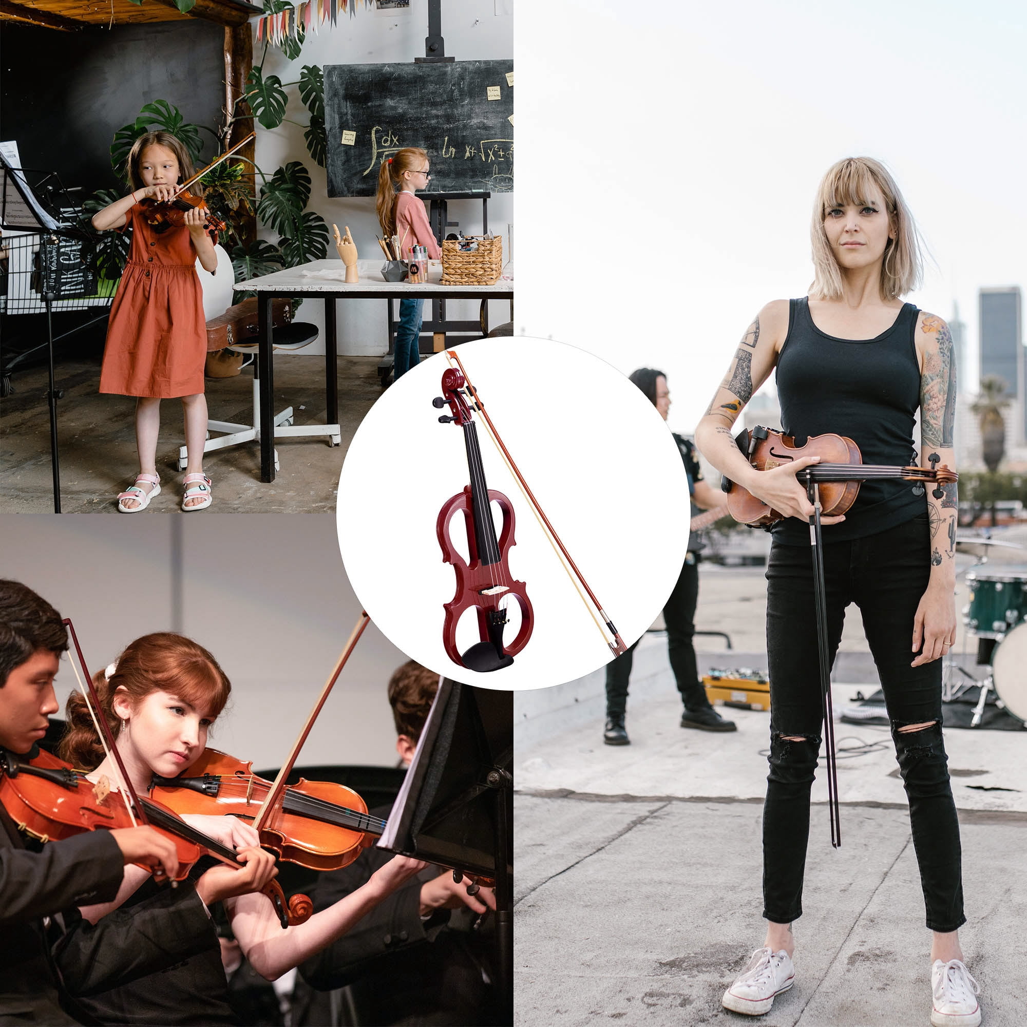 4/4 Electric Violin Full Size Wood Silent Fiddle Stringed Instrument Bow Headphone Case Jujube Red