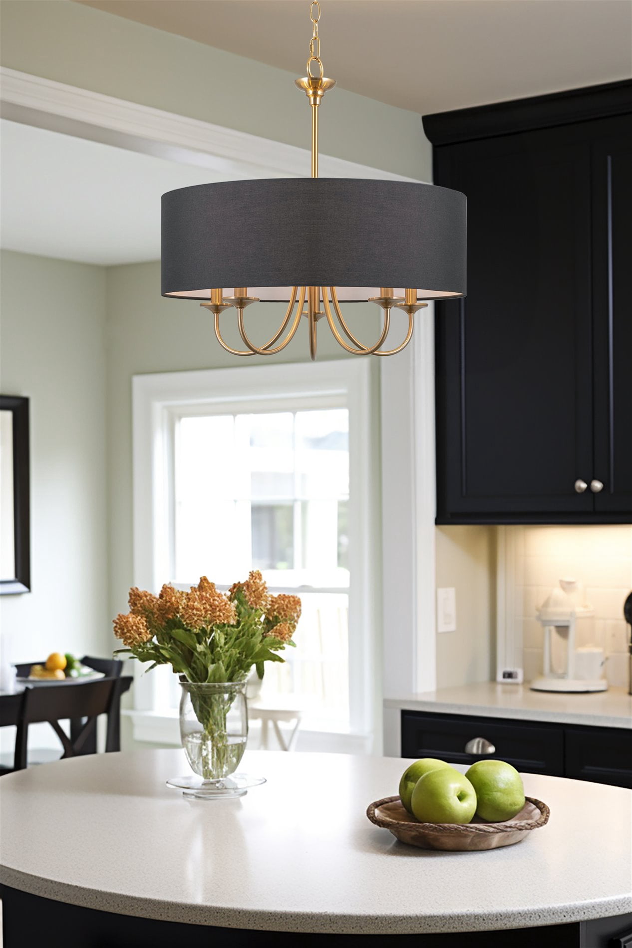 Kira Home Quinn 22" Drum Gold Chandelier, Black Linen Shade, Farmhouse Hanging Light, Black Drum Shade, Cool Brass