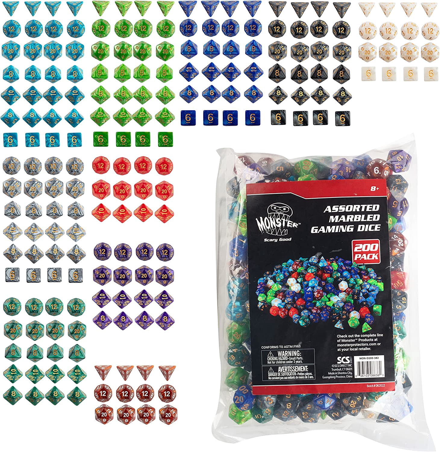 Monster Gaming 200 count Bulk Dice Value Pack-10 Different Marbled Colors -Multi-Colored Assorted Polyhedral Die, Compatible with Dungeons and Dragons, RPG & Board Games- Includes D4 D6 D8 D10 D12 D20