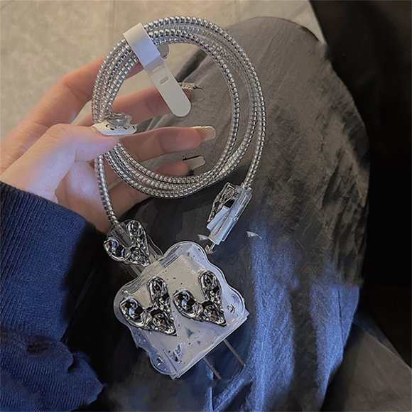 Cute 3D Silver Love Heart Wave Border USB Cable Protector Cover For iPhone 18W-20W Data Line Bite Head Cord Fast Charging Case For 18-20W