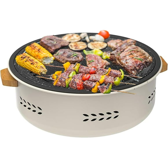 SHIQI-Portable Charcoal BBQ Grill \u2013 Round Tabletop Korean & Japanese Style Hibachi Grill for Indoor & Outdoor Cooking, Compact & Lightweight with Airflow Ventilation & Wooden Handles (White)