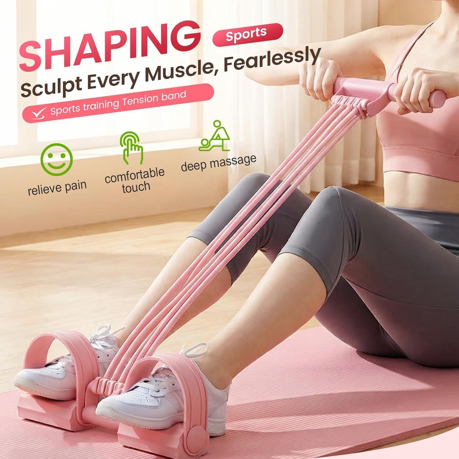 Upgrade Pedal Resistance Bands with Handles 8 Tube Natural Rubber Tension Rope, Home Gym Yoga Pilates Stretch Bands for Adults Full Body Arm Leg Core Training Portable (1 Pack pink)
