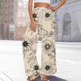 thumbnail image 2 of WTOBBY Women's Printed Wide Leg Pants with Floral Design High Waist Drawstring Loose Casual Trousers and Side Pockets for Summer Style ,Khaki XL, 2 of 6