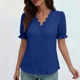 thumbnail image 2 of Staron Summer T-Shirts for Women Lace Trim Casual V-Neck Short Sleeve Pullover Blouse Top, Blue XXL, 2 of 7