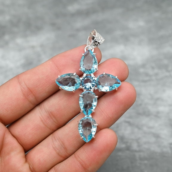Swiss Blue Topaz Pendant 925 Sterling Silver Polished Pendant Blue Topaz Gemstone Cross Pendant Handmade Jewelry Blue Topaz Jewelry Gift for Her