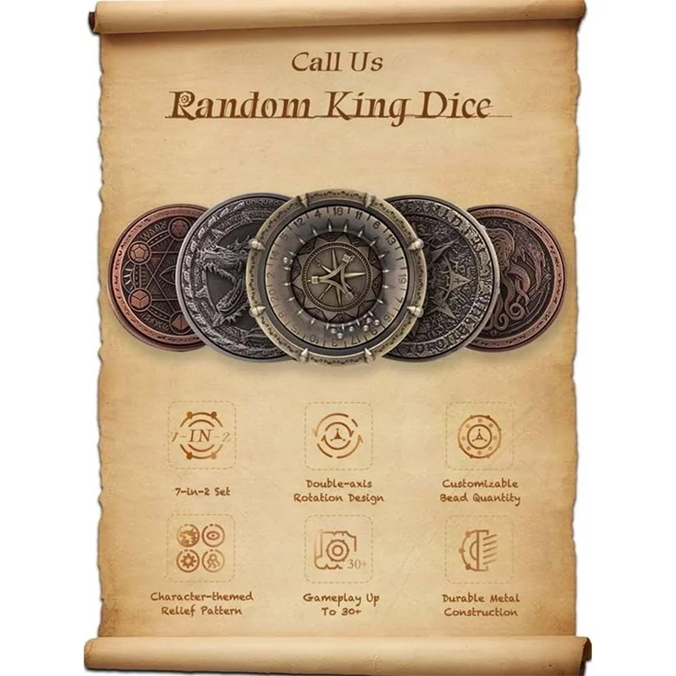 Random DND Dice Cthulhu, 7-in-2 Roulette Dice, Yellow  Brown