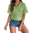 thumbnail image 3 of Women'S Cotton Button Rolled Hem Short Sleeve Shirt Summer Casual V Neck Beach Cotton Top Yellow & Green XXL, 3 of 8