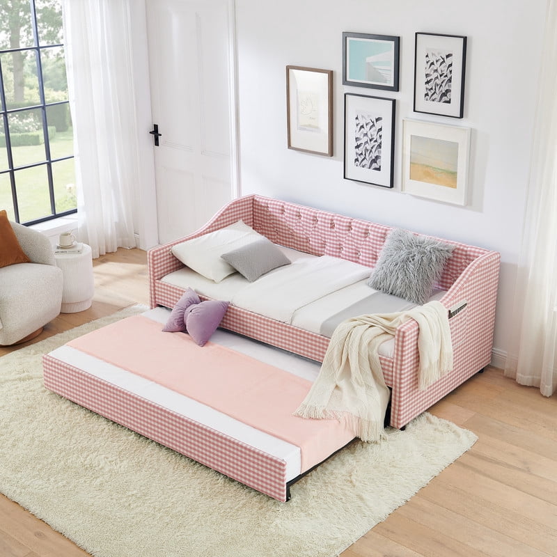 Twin Size Daybed with Pop Up Trundle, Gingham Upholstered Daybed Frame with Tufted Button Backrest and Side Storage Pocket, Modern Sofa Bed for Living Room Bedroom