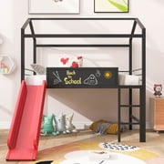Hombay Metal Twin Loft Bed Frame with Slide Roof Writing Board Child Kids Gifts
