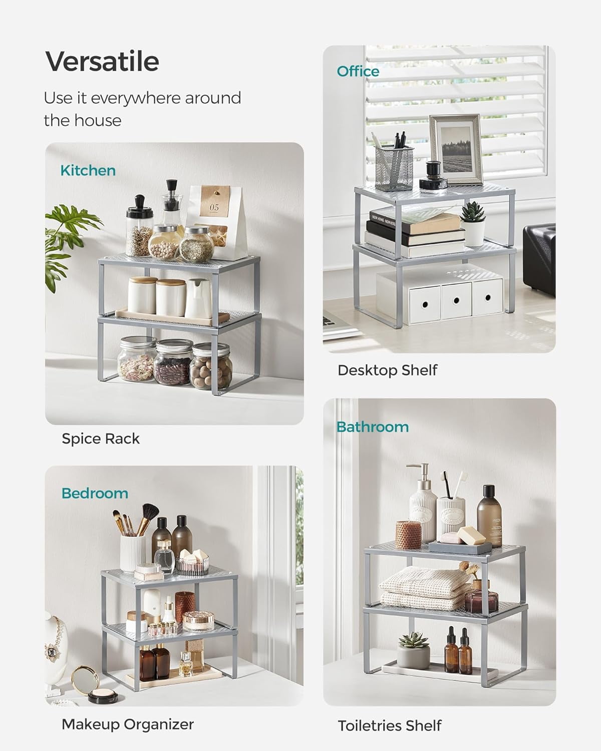 2 Pack Cabinet Organizers Shelf, Kitchen Counter Shelves, Metal Spice Rack, Kitchen Storage, Stackable, Expandable, Silver