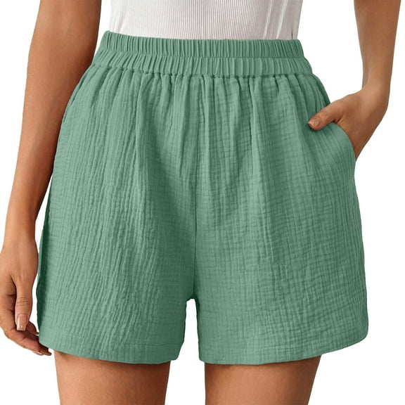 DHFJKG Women's Summer Linen Shorts Loose Fit Straight Leg Casual High Rise Sports Elastic Waist Shorts With Pockets Solid Color Trendy Bottoms