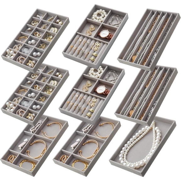 Stackable Organizer Trays Set of 9, Small Organizers Earring Necklace Ring Bracelet Display Case Storage for Drawer Dresser (Grey)