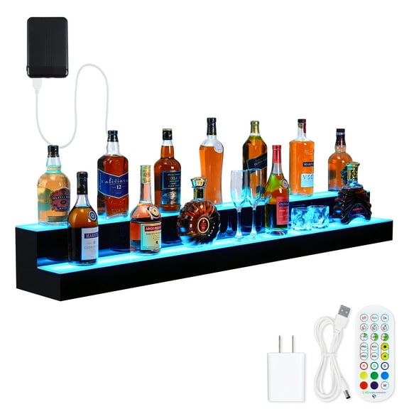 Garvee LED Lighted Liquor Bottle Display Shelf, Bar Shelves for Liquor Bottles, Wall Mounted Acrylic Liquor Bottle Rack, Illuminated Bottle Shelf for Home Commercial, 2 floor and 60in