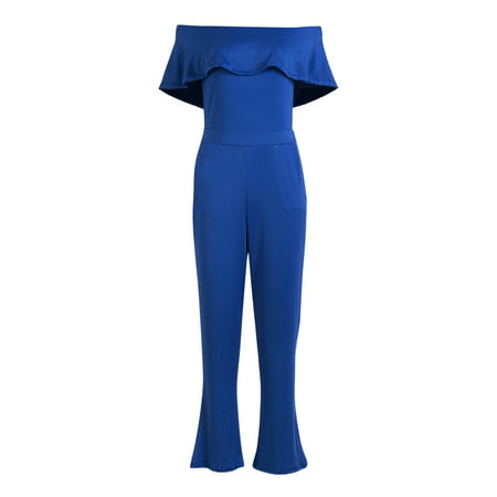New Style Women Sexy Off Shoulder Jumpsuit Sleeveless Ruffles Neck Ladies Clubwear Summer Playsuit Bodycon Party Jumpsuit Blue M