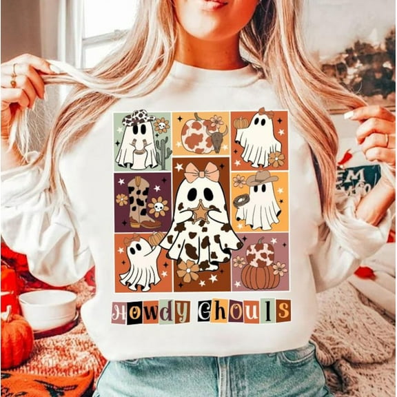 Howdy Halloween Sweatshirt, Western Cowprint Ghost Shirt, Funny Boojee Ghost SWEAT Sweatshirt, Snarky Howdy Ghouls Top for Spooky Season Fun