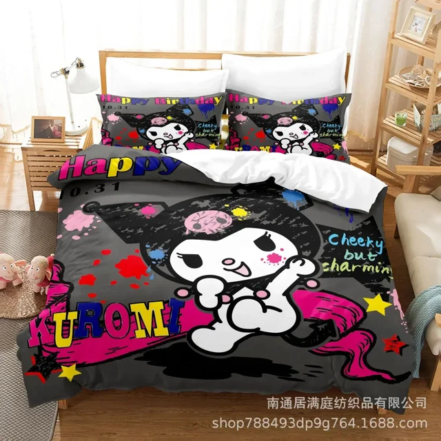 Sanrio Digital Printing HelloKitt Pudding Dog Cartoon Style Quilt Cover Bedding Three-piece Set Two-dimensional Home Furnishing WT