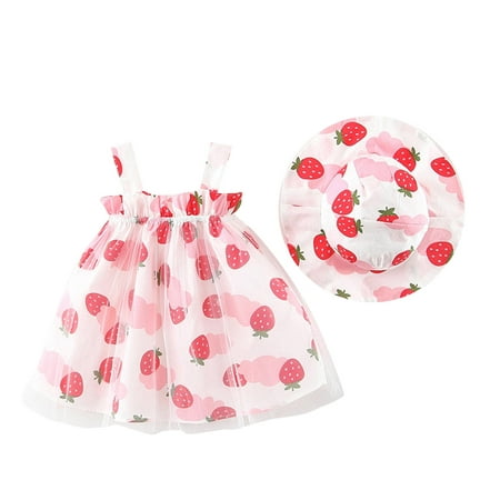 

Girls Fashion Dresses 2023 Summer Cotton Baby New Born Girl Dress Sweet Strawberry Printing Elastic Suspender Girl Kids Dress And Hat For 18-24 Months