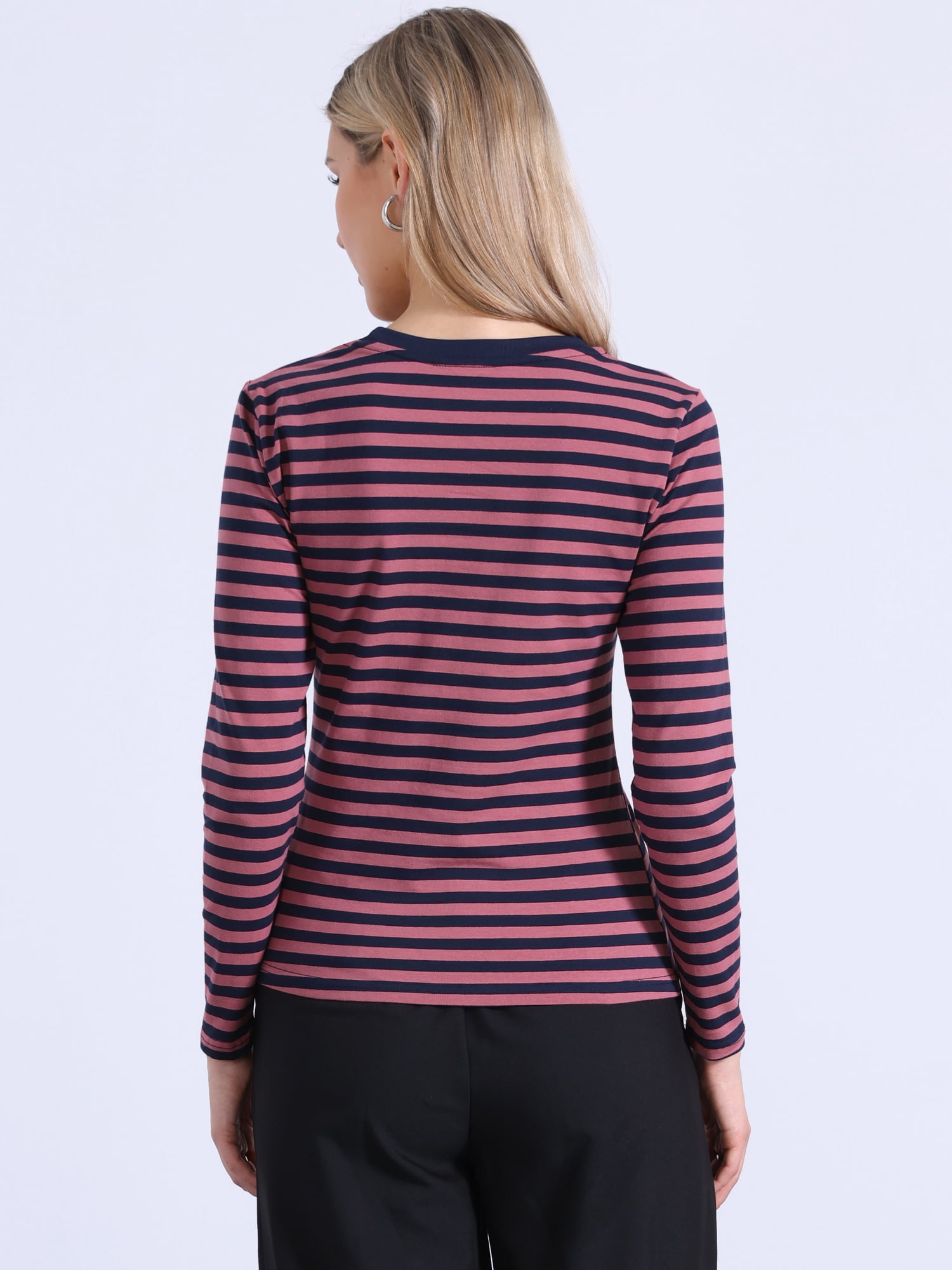 DARING DIVA Women's Striped Long Sleeve Cotton Crew Neck Fitted Tees L Pink Stripe