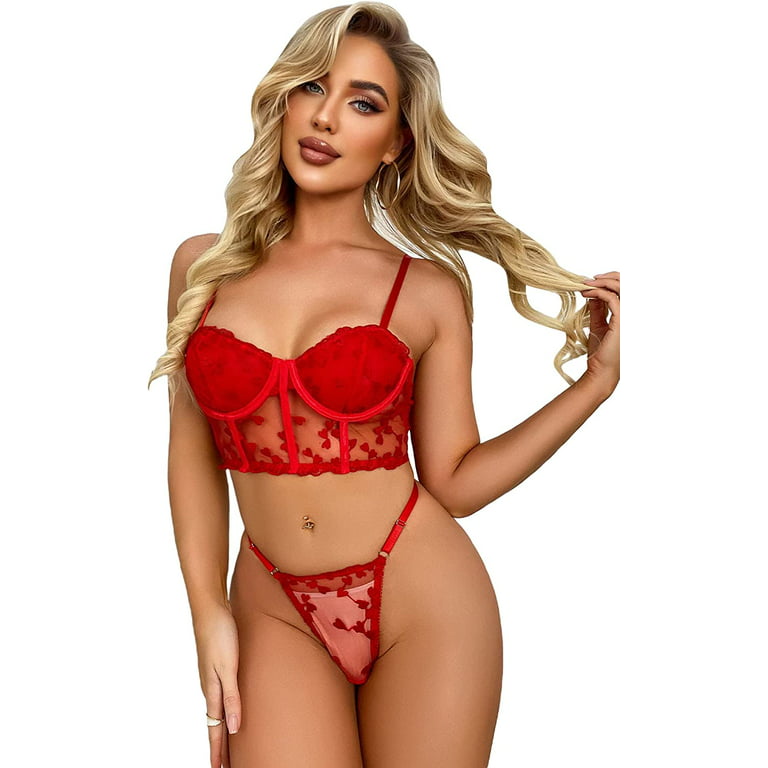SOLY HUX Women's Mesh Sheer See Through Lingerie Set Sexy Lace Bra