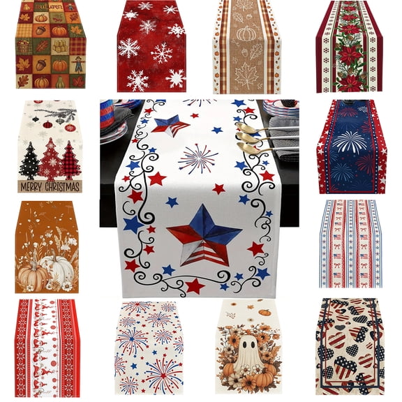Nkmbld Independence Day Table Runner, 13x72 Inch Vintage Stripes Star Table Runners Decorations Linen Table Cloth for Home Kitchen Patriotic Decoration