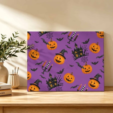 Halloween Canvas Wall Art Vintage Carved Pumpkin Haunted Castle Purple Background Wall Art Prints Artwork Framed Canvas Ready to Hang Art Pictures for Bedroom Living Room Closet Kitchen 16 x 12