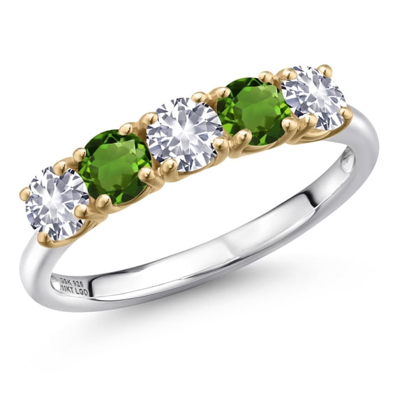 Gem Stone King 925 Silver and 10K Yellow Gold White Created Sapphire and Green Tourmaline Wedding-Bands Ring for Women | 1.25 Cttw | Round 4MM | Gemstone September Birthstone | Size 9