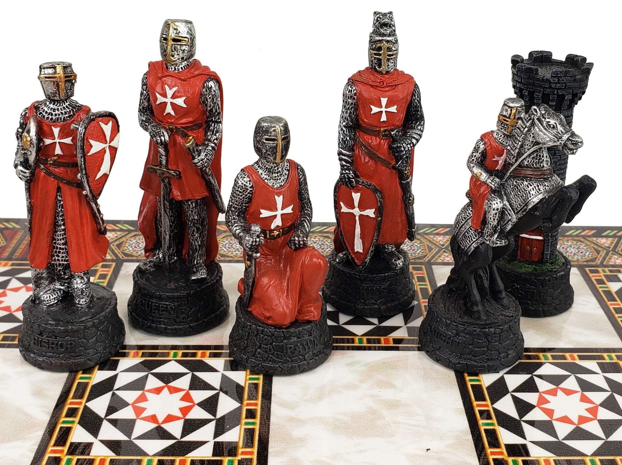 Medieval Times Crusades Red White Maltese Knight Chess Set 17" Mosaic Color BD