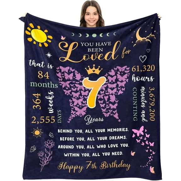 7 Year Old Girl Birthday Gifts Blanket 60 x 50 inch, Birthday Present for 7 Year Old Girl, Seven Year Old Girl Gifts, Girl 7 Years old Gift Ideas, 7 Yr Old Girl Gift, Birthday Gifts for Girls Age 7