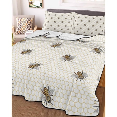 Yellow Bees Full Size Down Alternative Comforter, Lightweight Comforter Quilt Bedding Set with Pillow Shams Honeybee Geometric Hive Simple Pastoral All Seasons Bed Comforter Duvet Insert 78"x90"