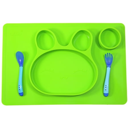 - Sunology Mess Control 100% Silicone Bunny Shaped Plate with Utensils - Green