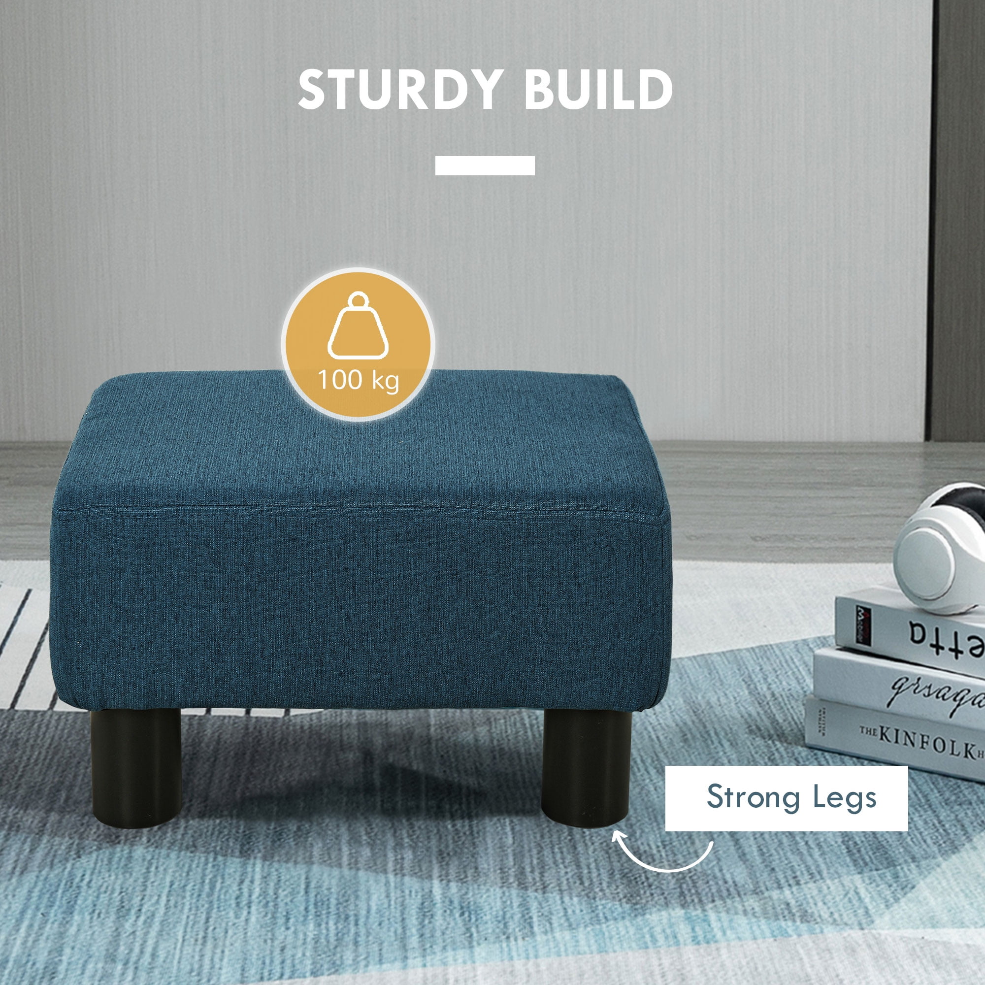 HOMCOM Ottoman Foot Rest, Small Foot Stool with Linen Fabric Upholstery, Blue