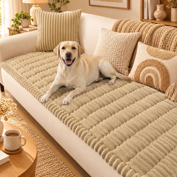 Smiry Dogs Couch Covers 2 Cushion Couch, Washable Non Slip Plush Flannel Sofa Protector for Pets, Camel, 27.6" x 59"