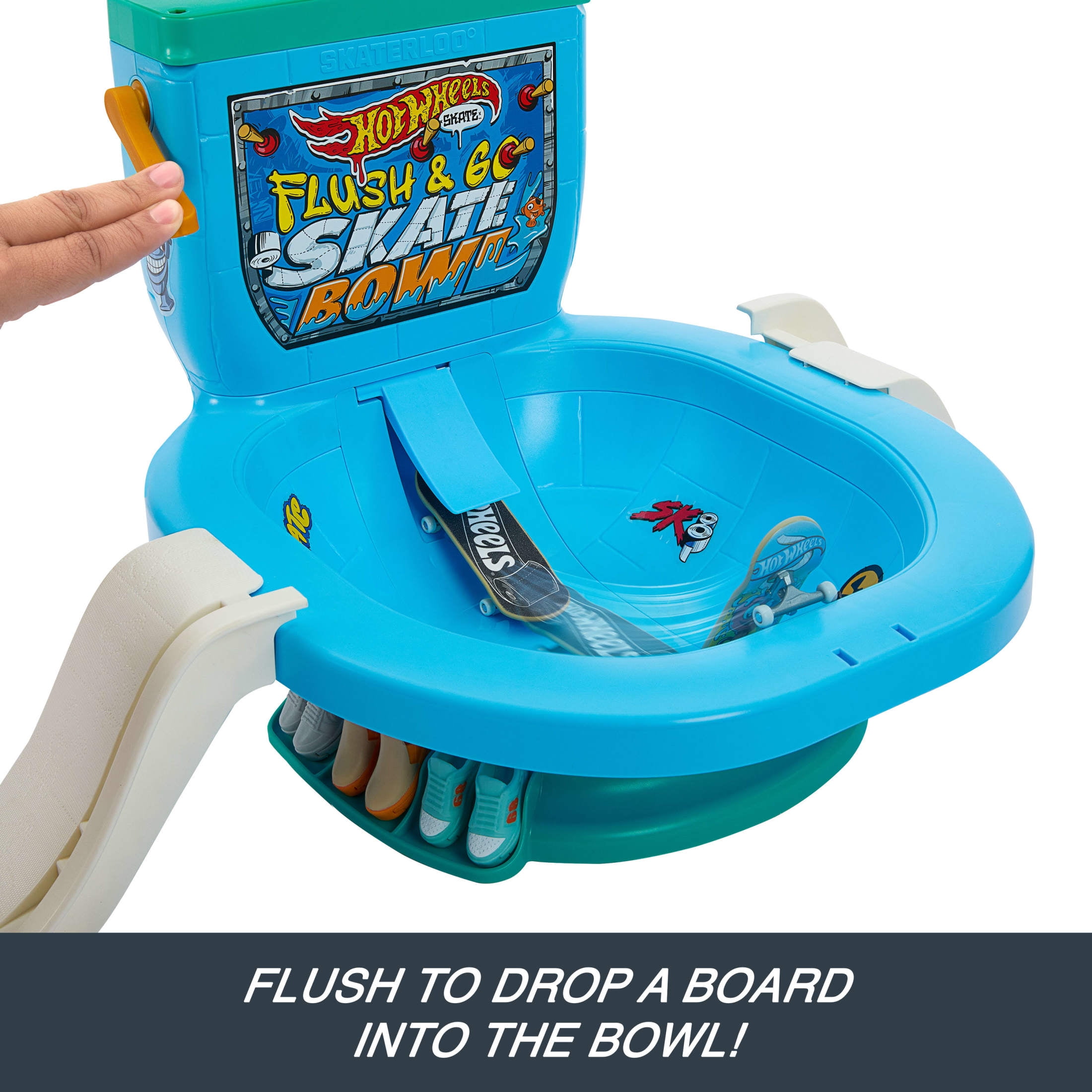 Hot Wheels Skate Flush & Go Bowl Fingerboard Set with 1 Board & Pair of Removable Shoes, 15 in