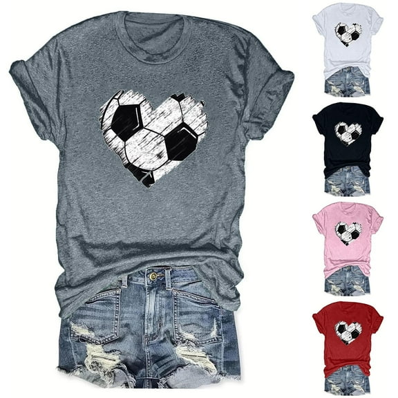 DDAPJ pyju Womens Soccer Heart T-shirts Cute Graphic Tees Casual Workout Short Sleeve Crewneck Tee Tops Game Day T-Shirt Soccer Mom Gift Pink XXXL
