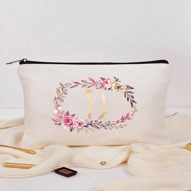 Lindbes Letter A-Z Flower Print Makeup Bag Gift For Girls Cute Retro Simple Fashion Letter Pattern Printed Bag Storage Bag Cosmetic Pouch For Small Items Storage Storage Bag Makeup Sto