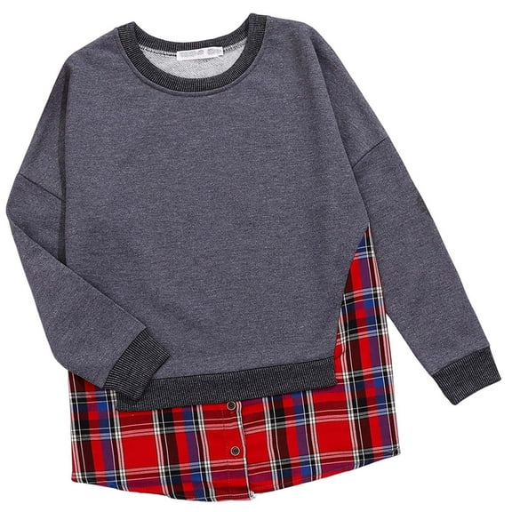 Ruimatai Womens Winter Casual Long Sleeve Round Neck Top, Plaid Patchwork Two Piece Style Pullover Hoodie, Soft Stretch Polyester Spandex Blend Shirt