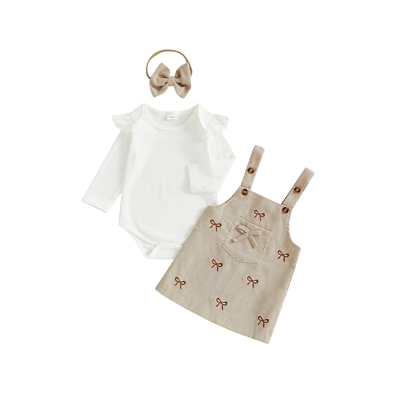 Miaouyo 3Pcs Infant Baby Girl Outfit Ruffle Long Sleeve Crew Neck Romper Tops Overall Dress and Headband Set
