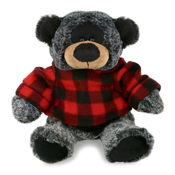 DolliBu Super Soft Sitting Black Bear Stuffed Animal with Plaid Red Hoodie Sweater - Cute Black Bear Plush Lumberjack Stuffed Toy with Plaid Jacket Dress Up for Christmas, Holiday, Winter - 9 Inches