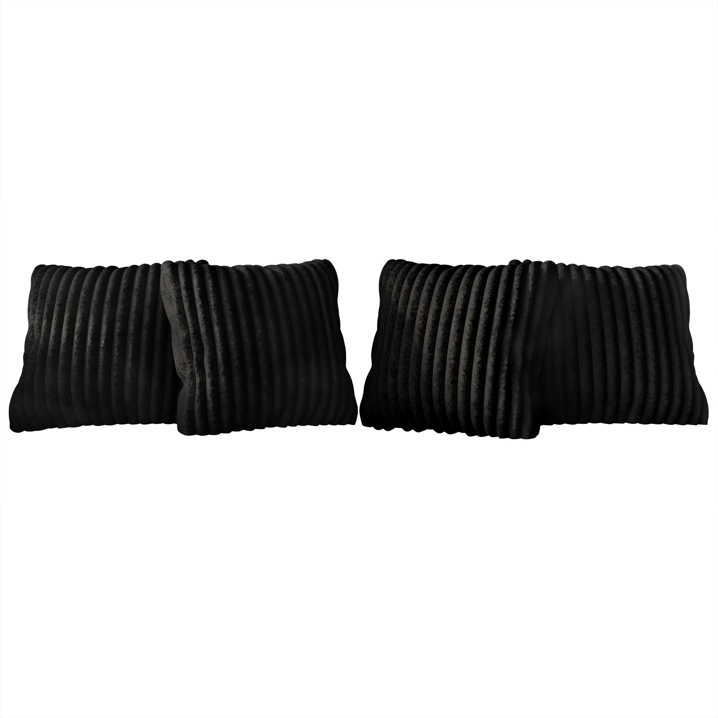 Home Design Laconia 18"x18" Square Velvet Pillow Covers, Set of 4, Soft Fluffy Striped Design for Sofa, Bedroom, or Living Room, Black