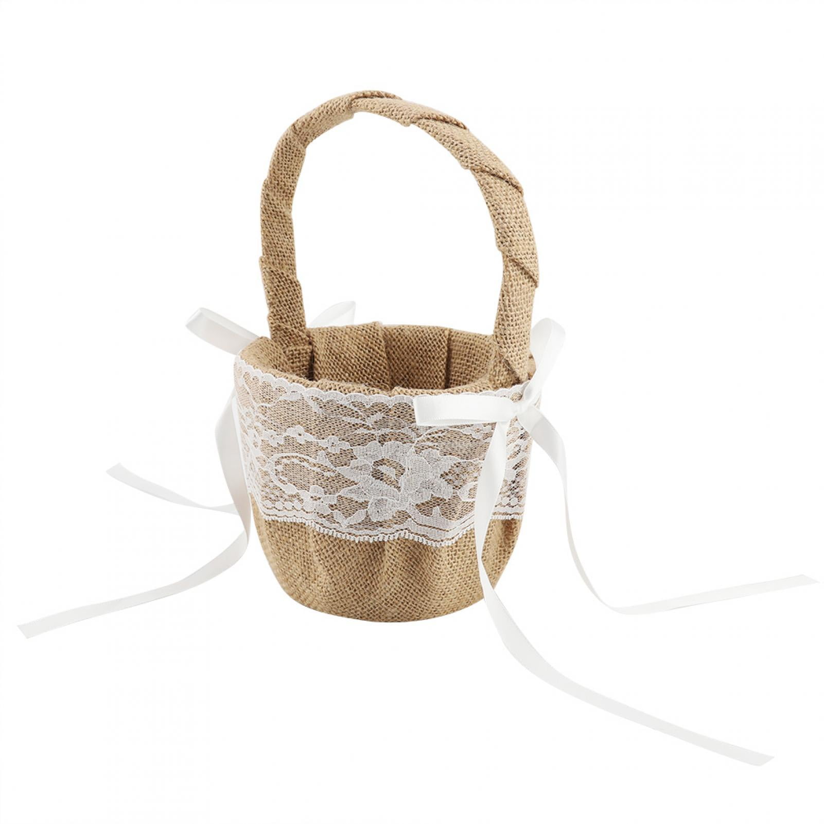 Cesta De Flores Para Niñas De Boda | Con Asa De Perlas Y Encaje | Decoración Bodas, Comuniones, Eventos | Blanco Puro