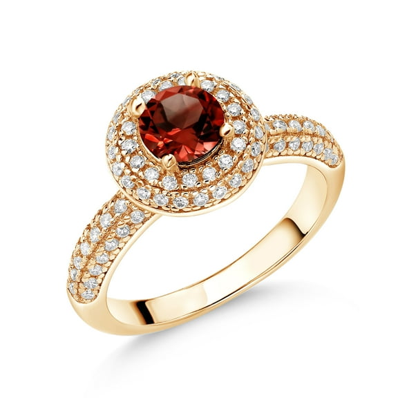 Gem Stone King 18K Yellow Gold Plated Silver Ring Round Red Garnet and Moissanite (1.22 Cttw, Size 9)